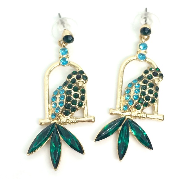 3/$30 RHINESTONE PARROT BIRD EARRINGS BLUE GREEN GOLD TONE TROPICAL DANGLE DROP - Picture 7 of 14